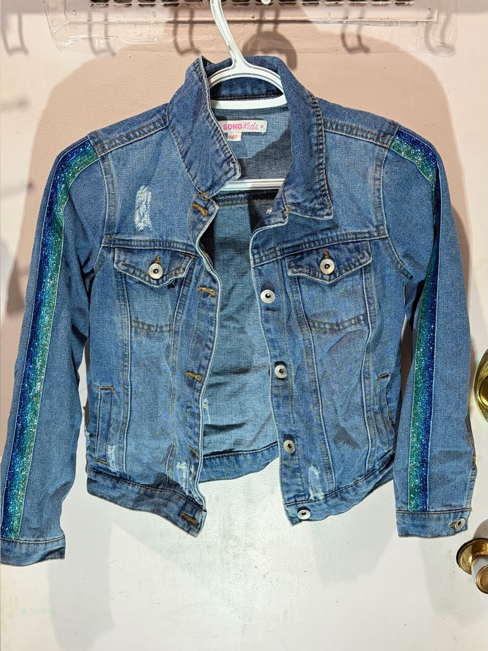 Blue Denim Jacket with Glitter Green-Blue Stripes